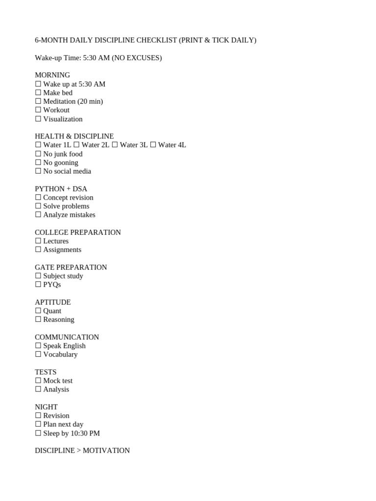6 Month Discipline Checklist | PDF