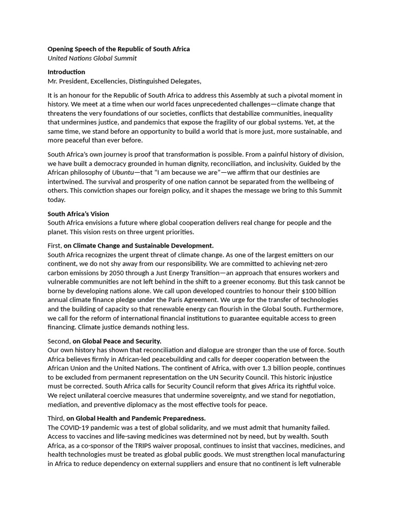 Opening Speech of The Republic of South Africa | PDF | South Africa ...