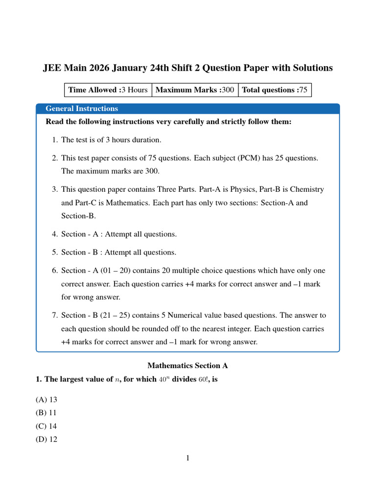 JEE Main 2026 January 24th Shift 2 Question Paper | PDF | Equations ...
