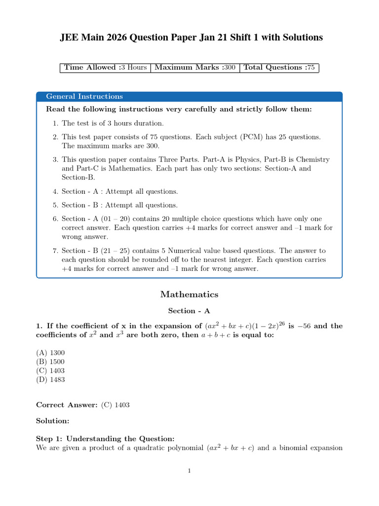 JEE Main 2026 Question Paper Jan 21 Shift 1 With Solutions | PDF ...