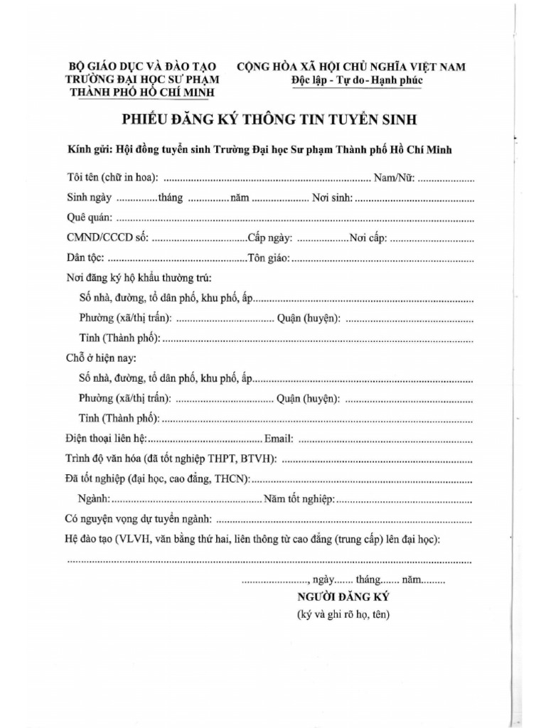 Phieu Thong Tin Tuyen Sinh | PDF