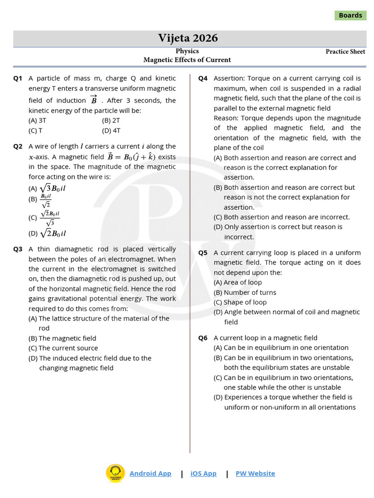 Magnetic Effects of Current - Practice Sheet | PDF | Magnetic Field ...