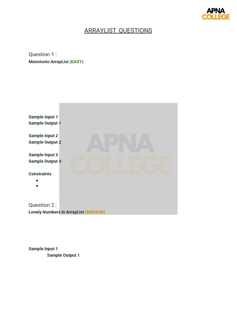 ArrayList Questions | PDF | Monotonic Function | Applied Mathematics