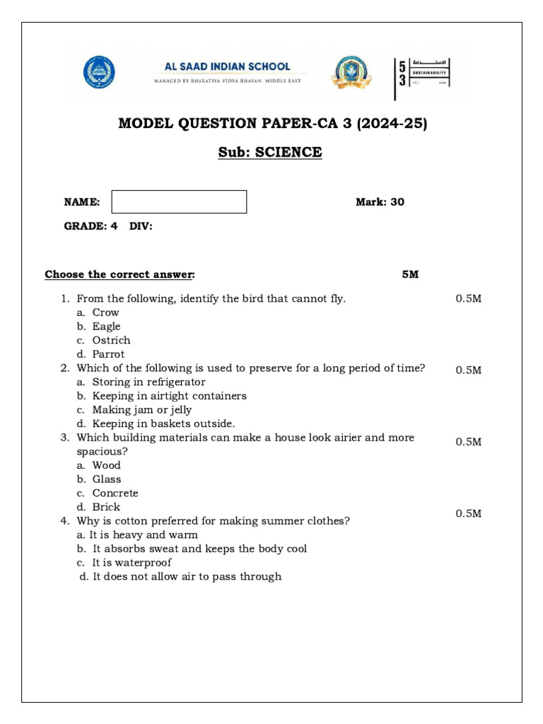 MODEL QUESTION PAPER-CA 3-Grade 4 Science | PDF