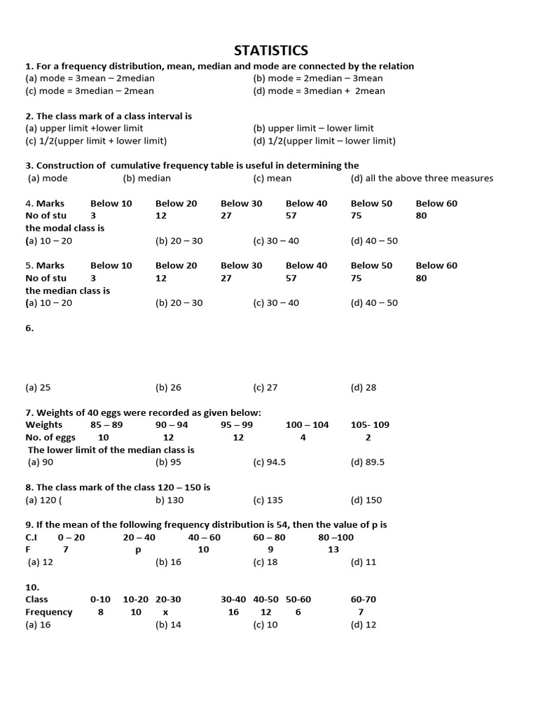 14 MCQ Statistics 10 | PDF | Mode (Statistics) | Median