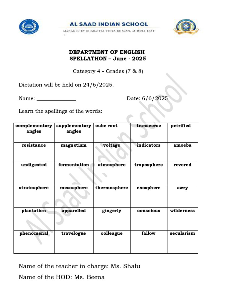 Spellathon Words - Cat 4 - June | PDF