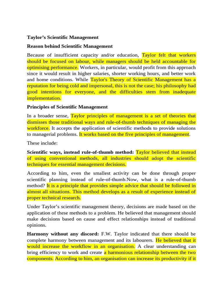 Taylors Principles of Scientific Management | PDF | Employment | Economies