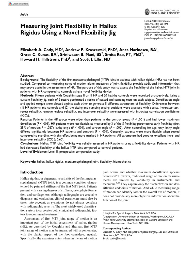 Cody Et Al 2017 Measuring Joint Flexibility in Hallux Rigidus Using A ...