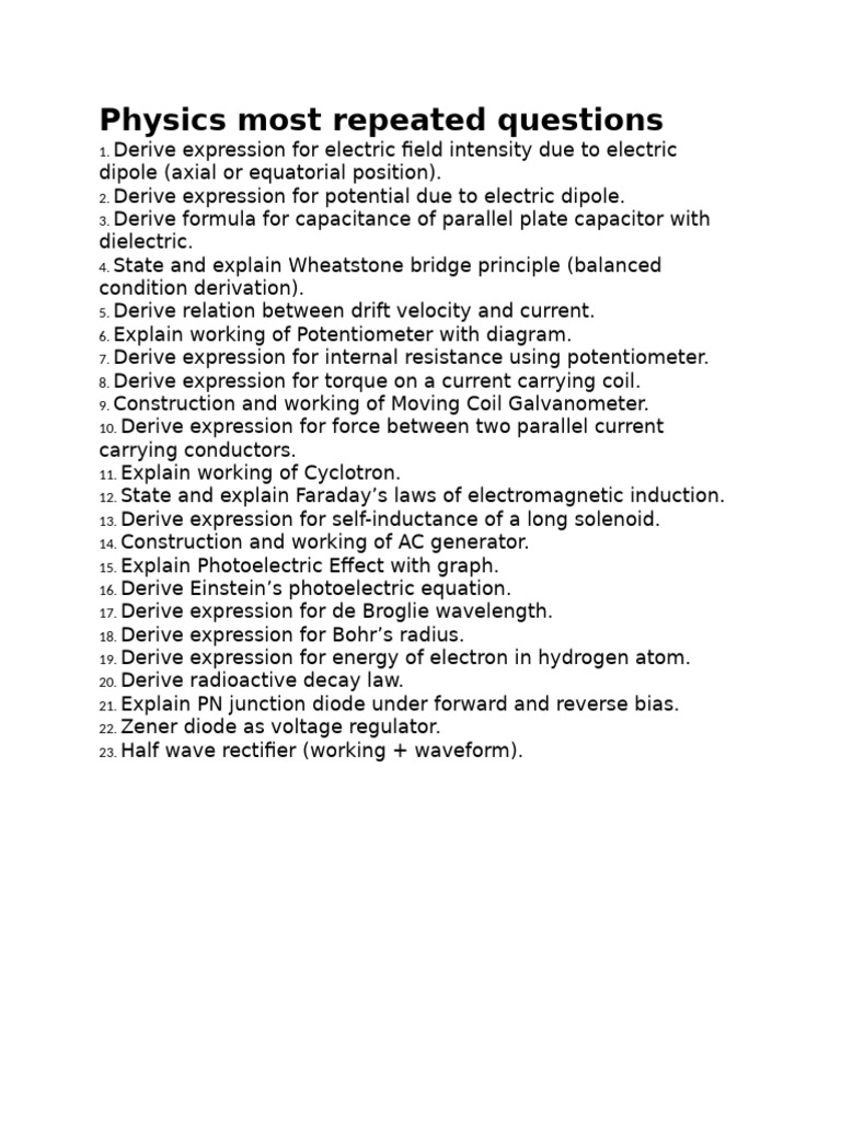 Physics Most Repeated Questions | PDF