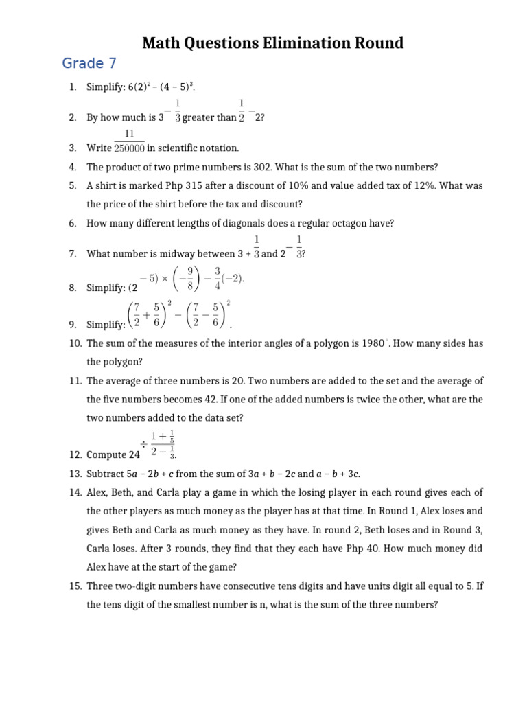 Math Questions Elimination Round G7 | PDF | Area | Numbers