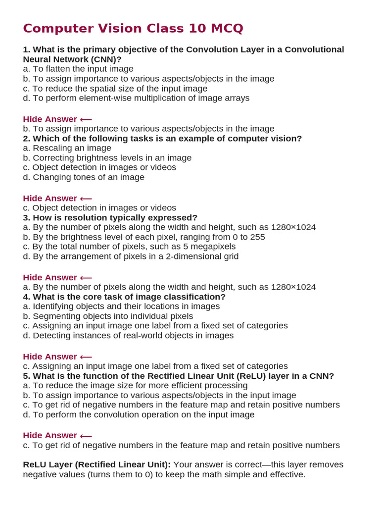 Computer Vision Class 10 MCQ | PDF | Rgb Color Model | Computer Vision