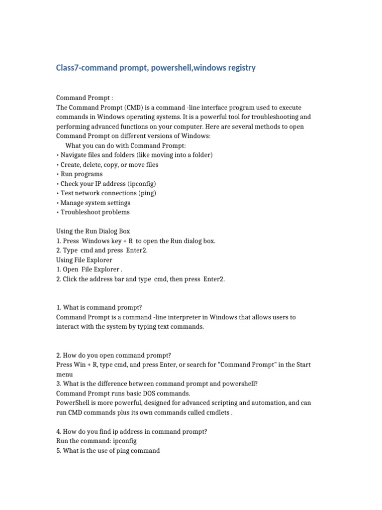 Class7-Command Prompt, Powershell, Windows Registry | PDF | Command ...