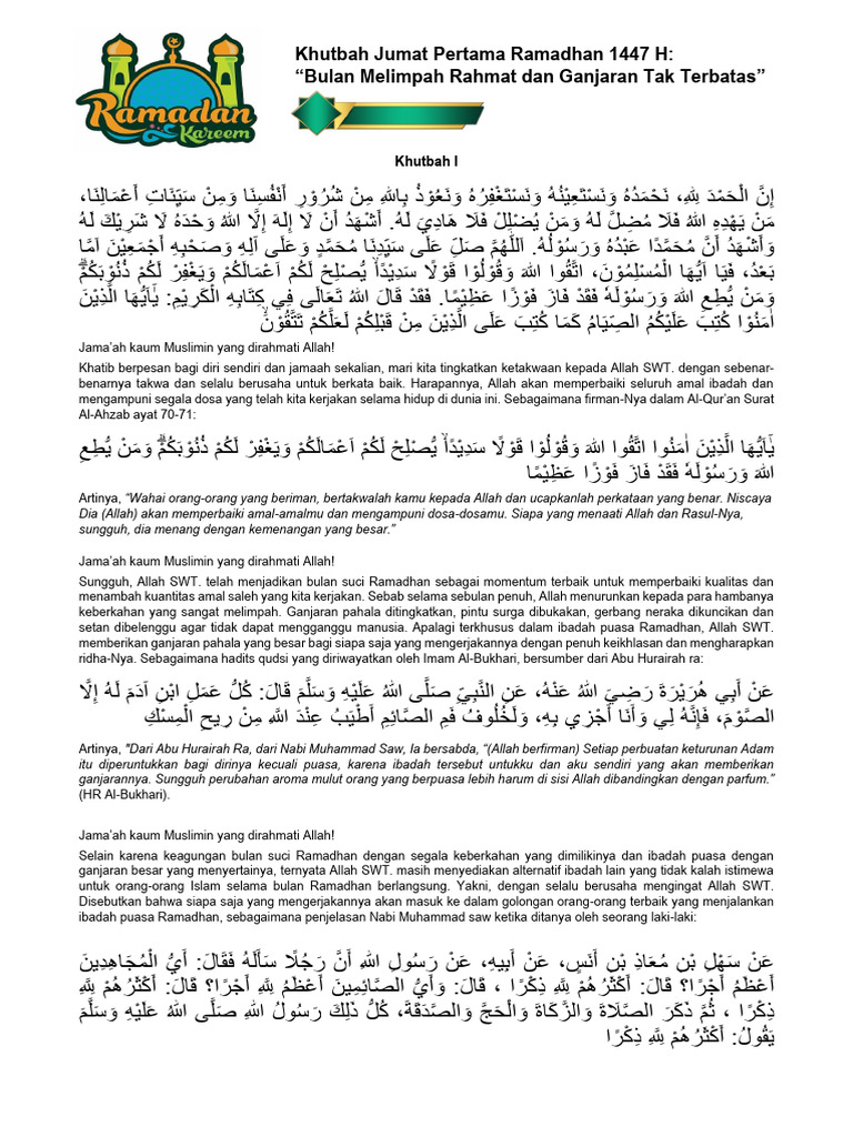 Khutbah Jum'at Pertama Ramadhan 1447 H - Bulan Melimpah Rahmat ...