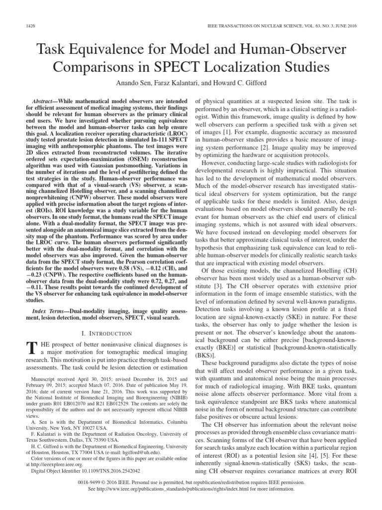 Task Equivalence For Model and Human-Observer Comparisons in SPECT ...