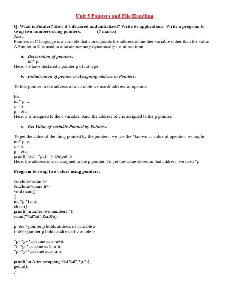 Pointers and File Handling | PDF | Pointer (Computer Programming ...
