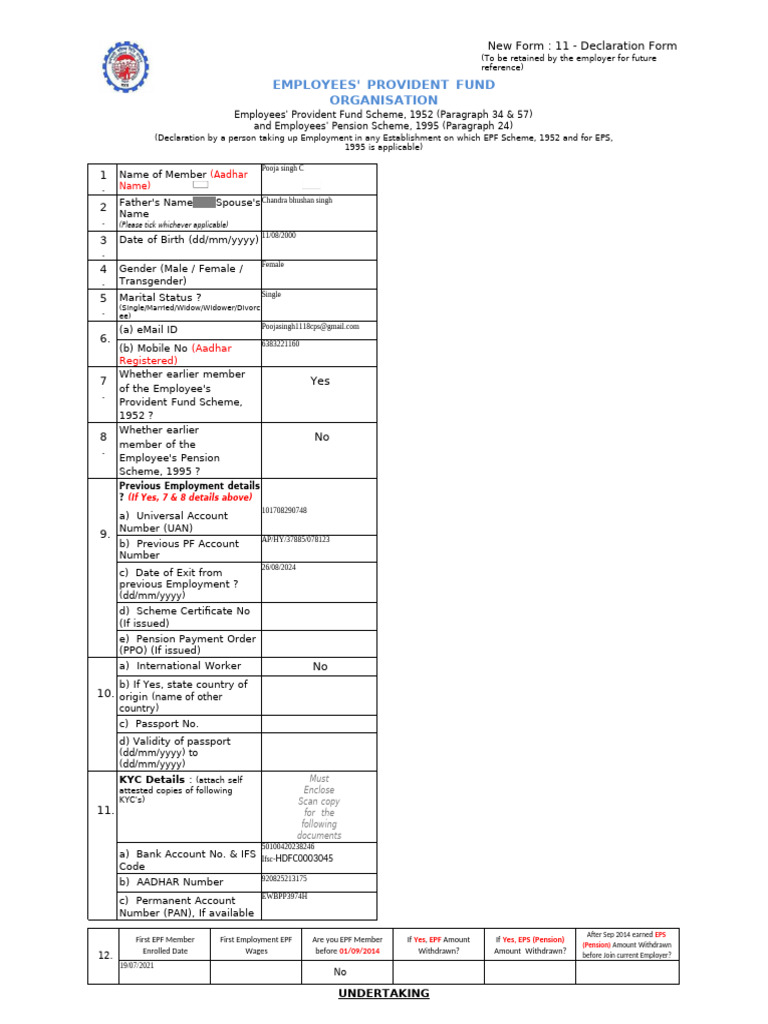 3 - Employees' PF and Pension Composite Declaration Form - Form 11 (New ...