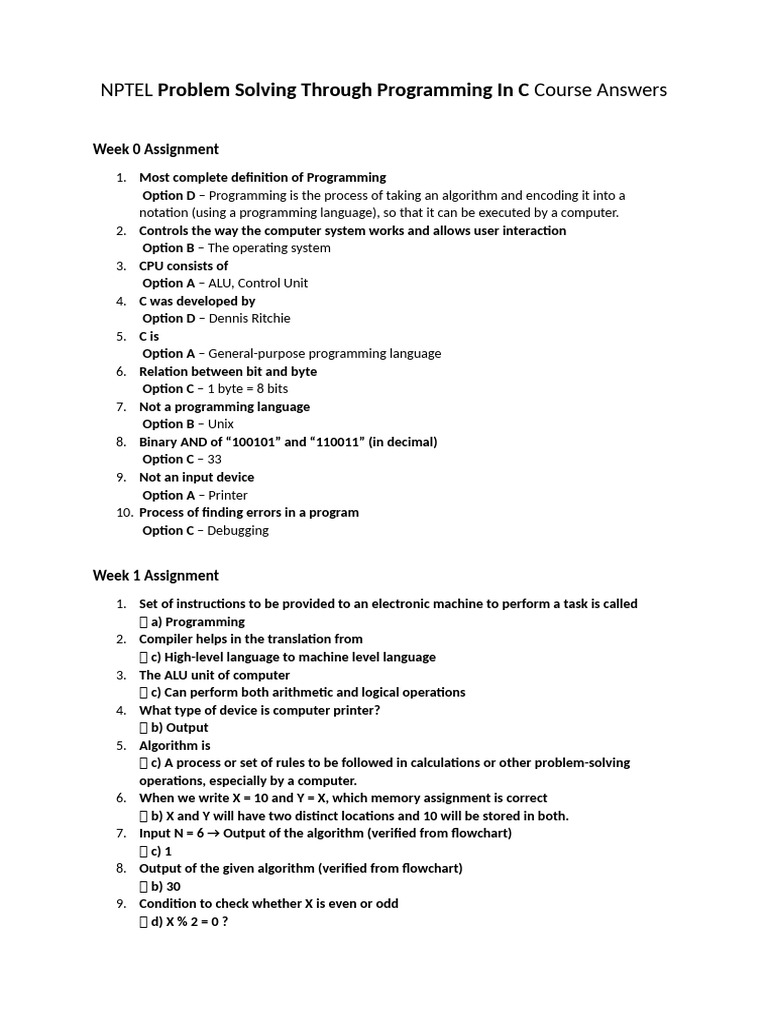 NPTEL Problem Solving Through Programming in C Course Answers | PDF ...