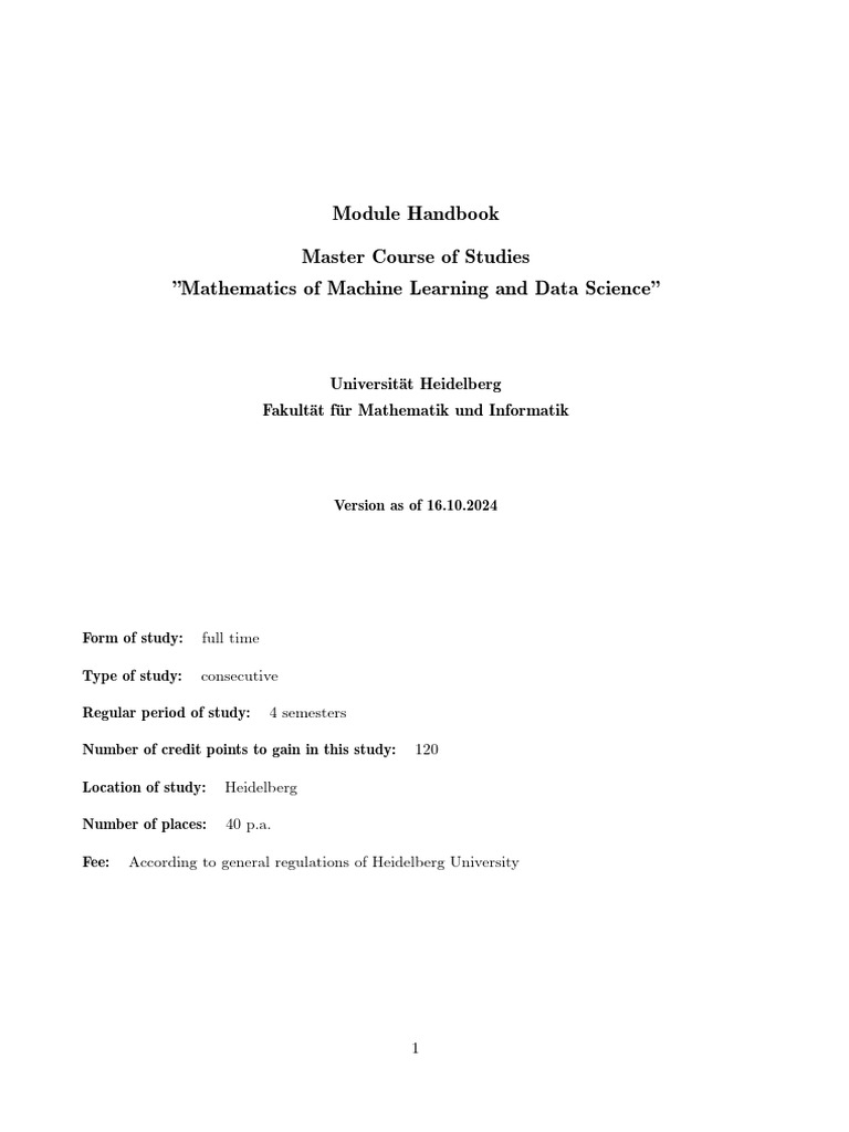 Course Handbook Master Mathematics of Machine Learning and Data Science ...