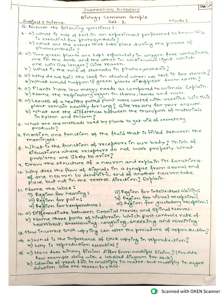 Inspiration Academy Biology Common Sample Set-1 Sub-Science Std-10th | PDF