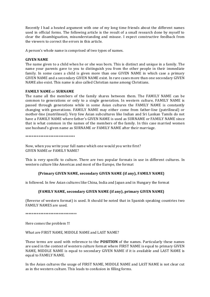 What are GIVEN NAME, SURNAME, FAMILY NAME, FIRST NAME, MIDDLE NAME and LAST NAME Surname Family