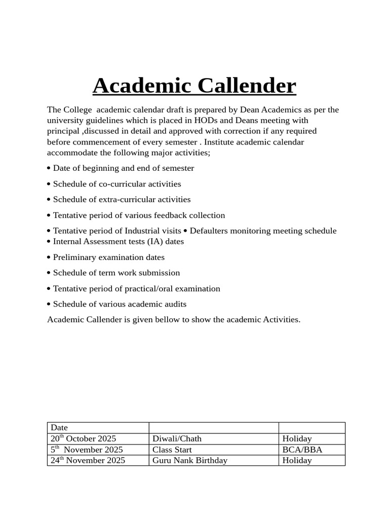 Academic Callender | PDF