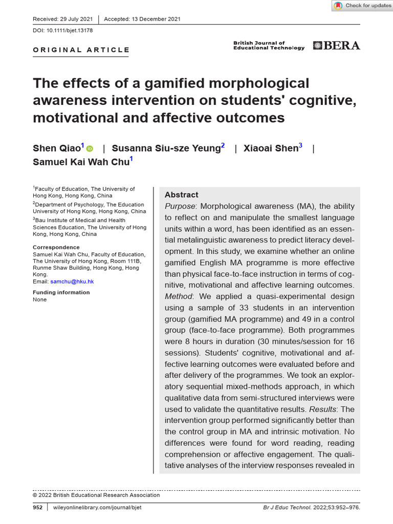 (游戏化) the Effects of a Gamified Morphological Awareness Intervention on ...