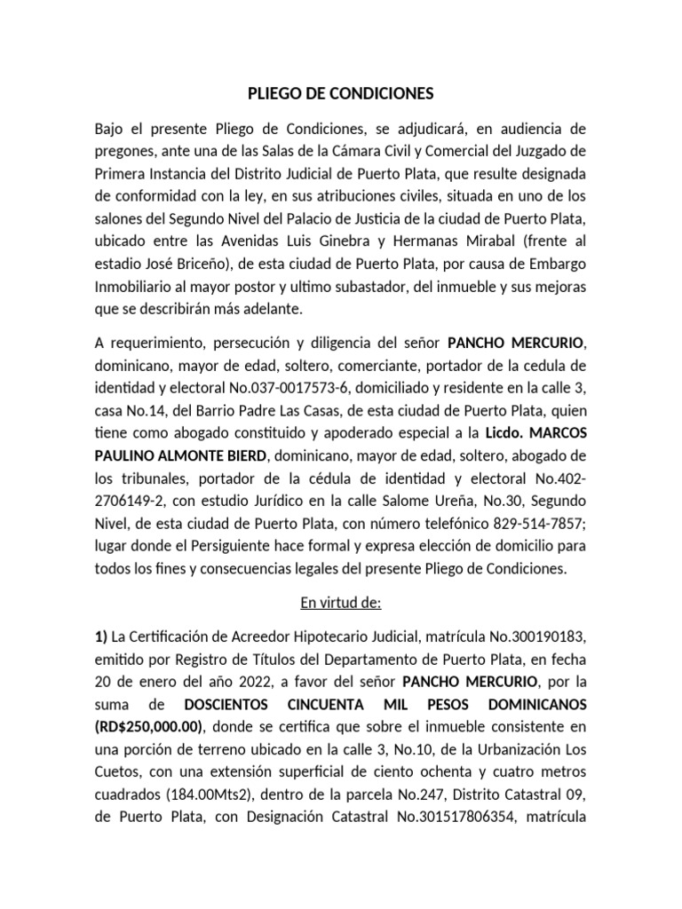 Pliego de Condiciones Embargo Inmobiliario | PDF | Subasta | Propiedad