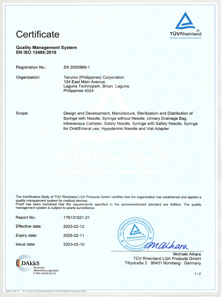 Certificado ISO 134852016 de Terumo Filipinas. | PDF