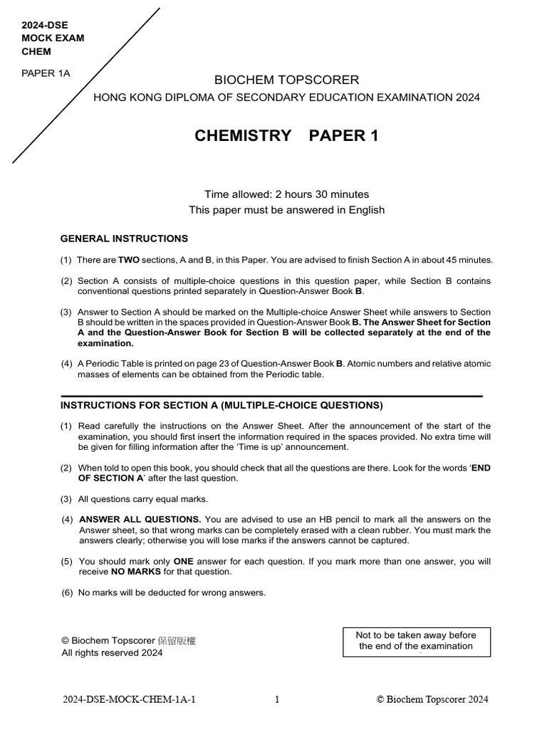 2024 Dse Chem Paper 1a (Eng) | PDF | Salt (Chemistry) | Ion