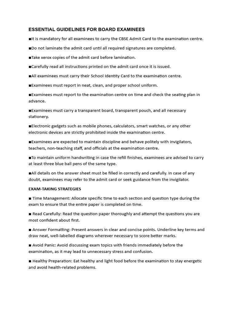 Essential Guidelines For Board Examinees | PDF