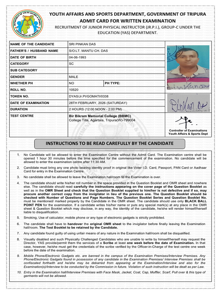 Youth Affairs and Sports Department, Government of Tripura Admit Card ...