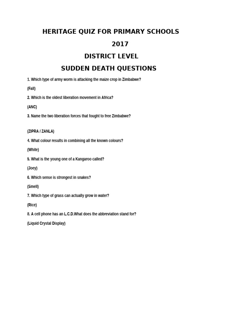 Sudden Death Heritage Quiz For Primary Schools 2017 | PDF