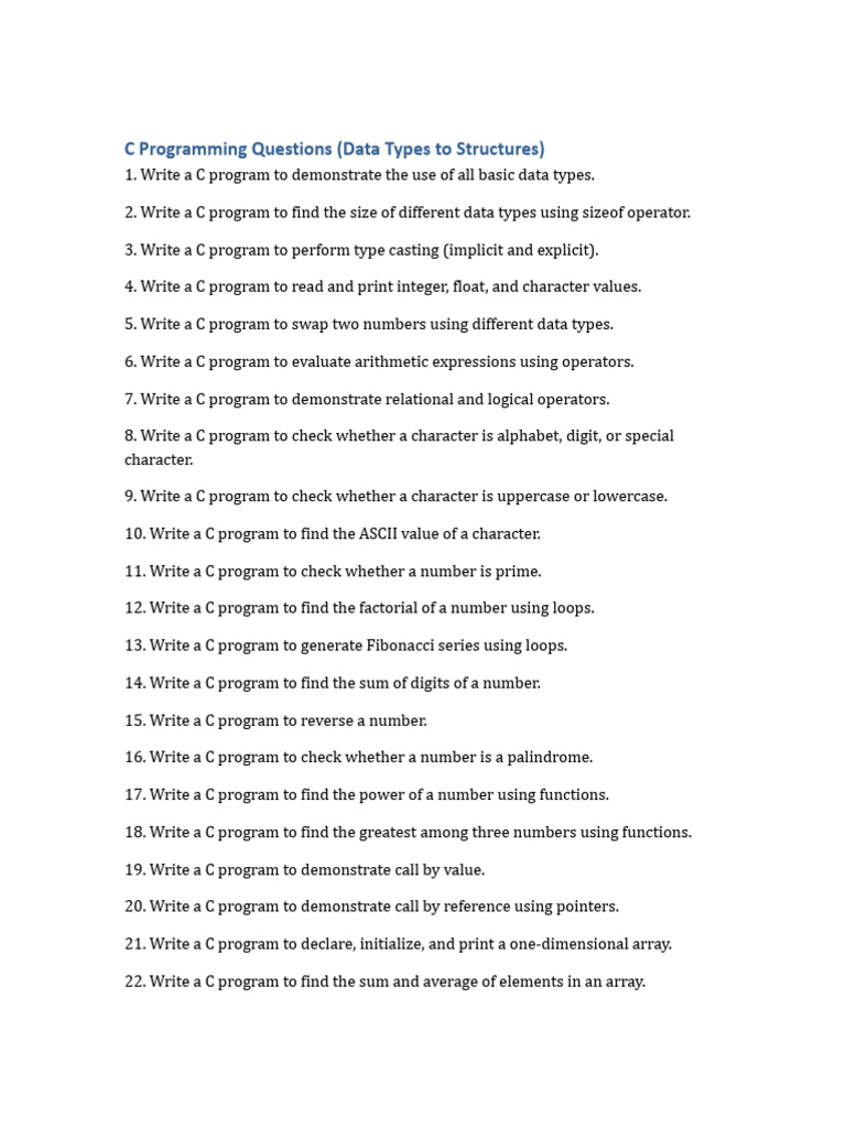 C Programming Questions DataTypes To Structures | PDF | Pointer ...