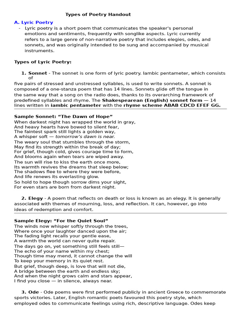 Types of Poetry Handout | PDF | Epic Poetry | Poetry