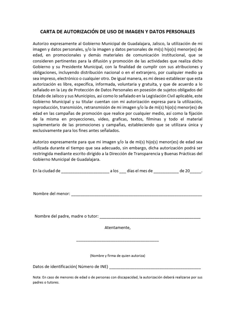 CARTA DE AUTORIZACIÓN DE USO DE IMAGEN Y DATOS PERSONALES | PDF