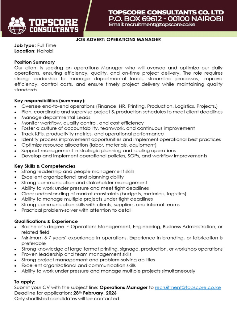 Operations Manager Job Advert-1 | PDF