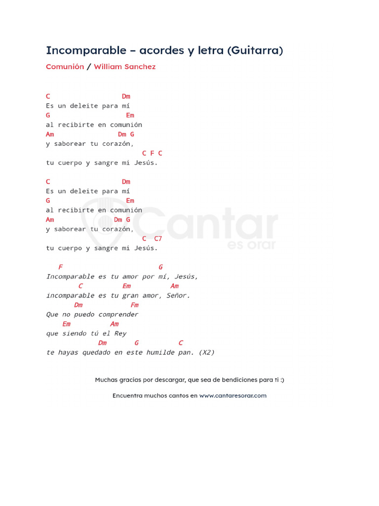Incomparable - Acordes y Letra (Guitarra) | PDF