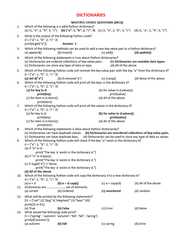 IP Chapter - 9 Dictionary Questions With Key | PDF | Python ...