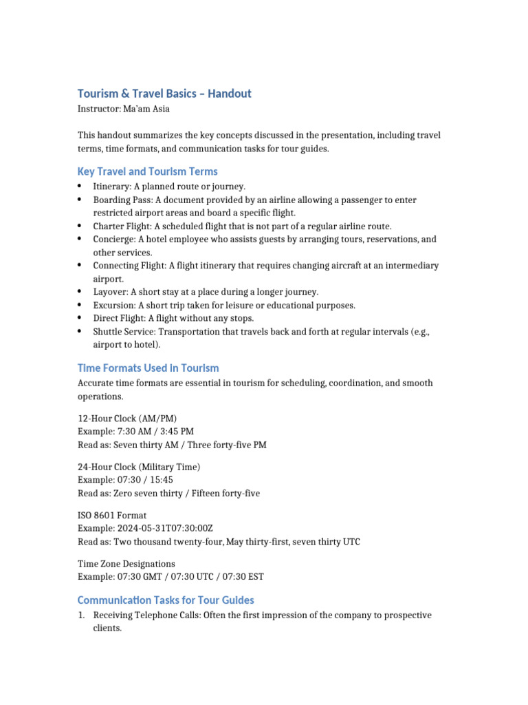 Tourism Handout | PDF