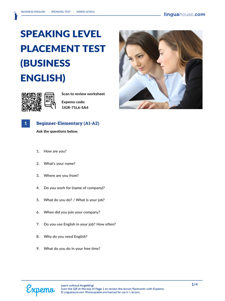 Speaking Level Placement Test Business English American English Student ...