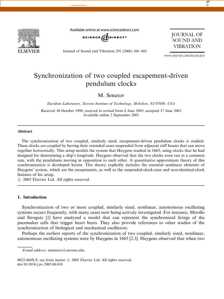 Synchronization of Two Coupled Escapement-Driven Pendulum Clocks | PDF ...