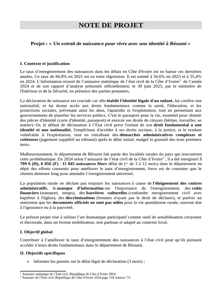 Note de Projet - Beoumi | PDF | Côte d'Ivoire