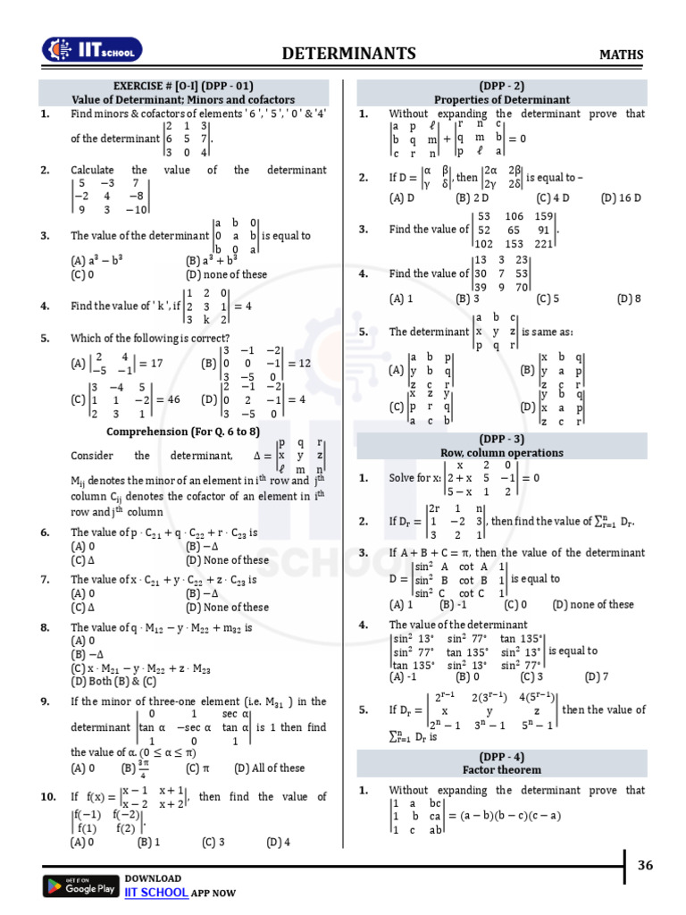 Sheet - 01 - Determinants - 139134 - Iitschool | PDF | Mathematical ...