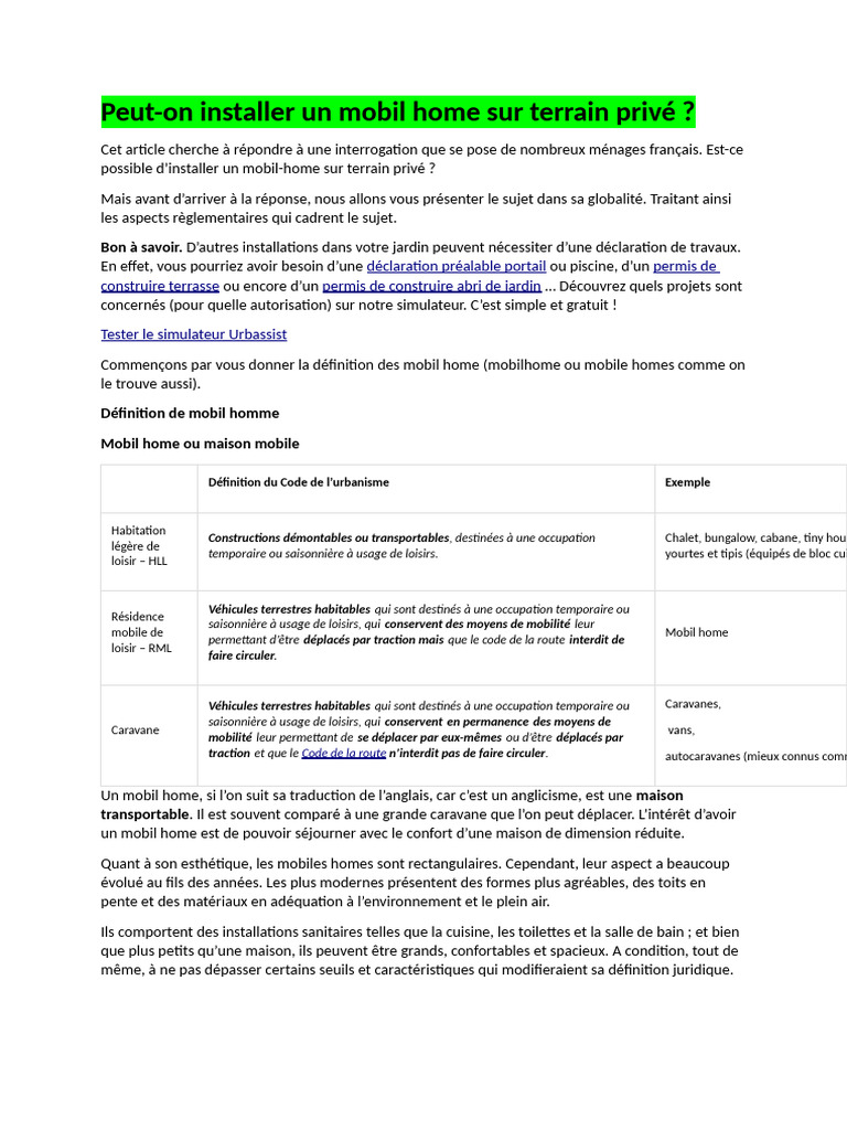 Reglementation Mobil Home Sur Terrain Priv e PDF Mobile Home 