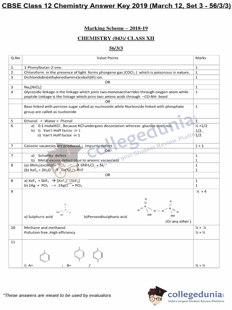 CBSE Class 12 Chemistry Answer Key 2019 (March 12, Set 3 - 56/3/3) | PDF