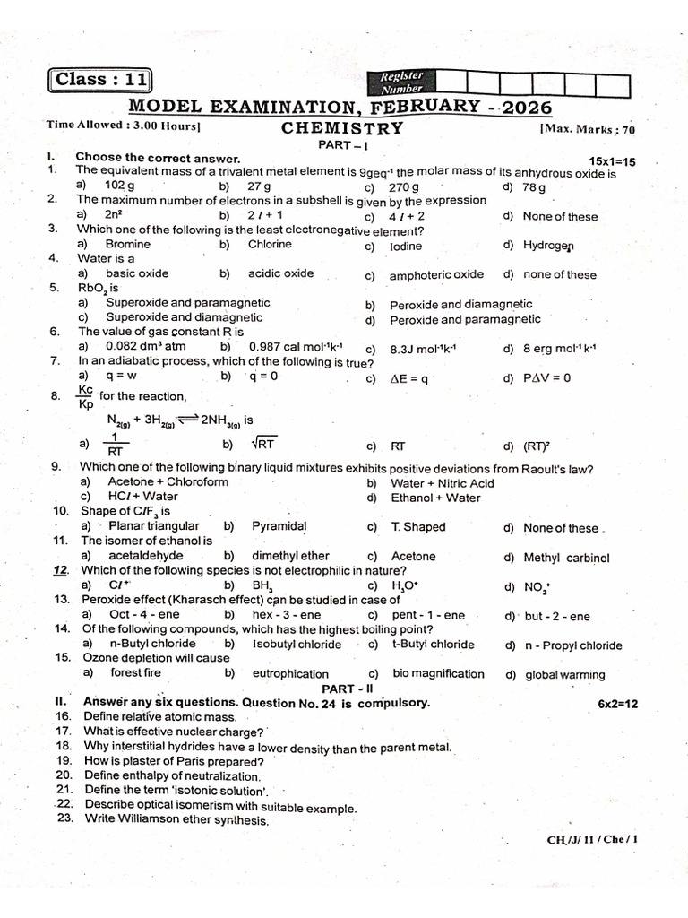 Model Exam Chemistry 2026 Std-11 | PDF