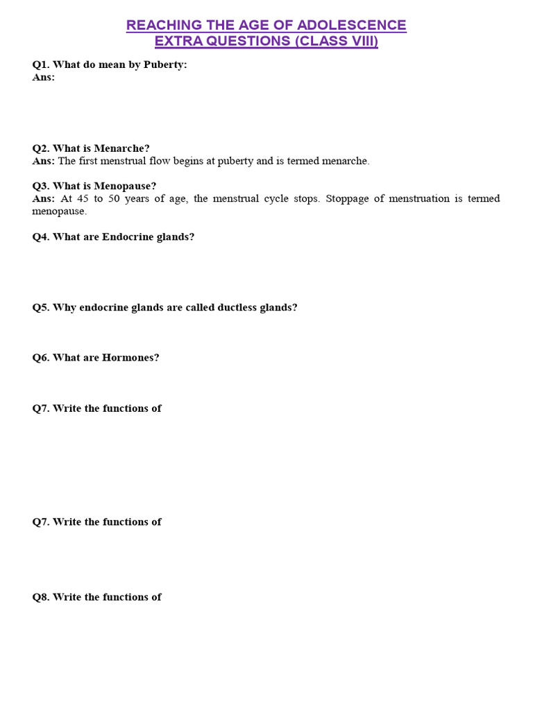 Extra Questions On Reaching The Age of Adolescence | PDF | Menstrual ...