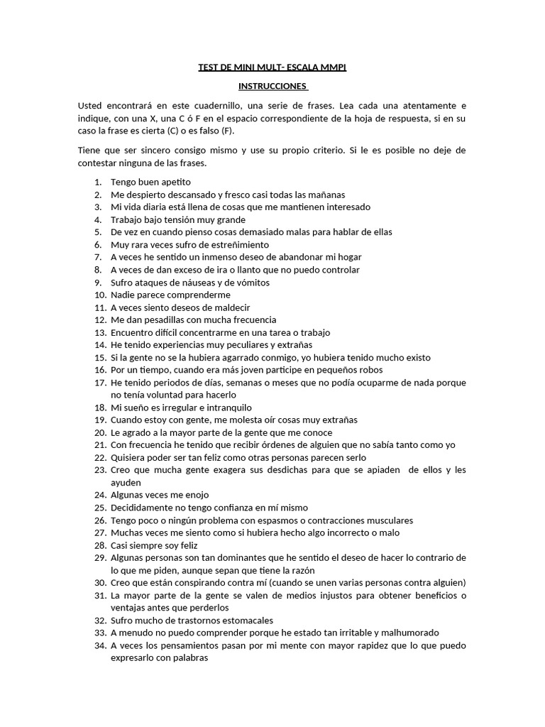 Test de Mini Mult - Instrucciones | PDF