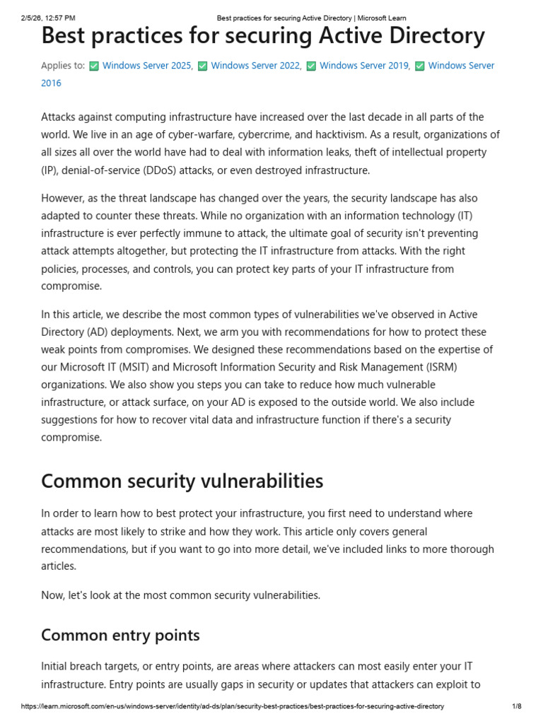 Best Practices For Securing Active Directory - Microsoft Learn | PDF ...