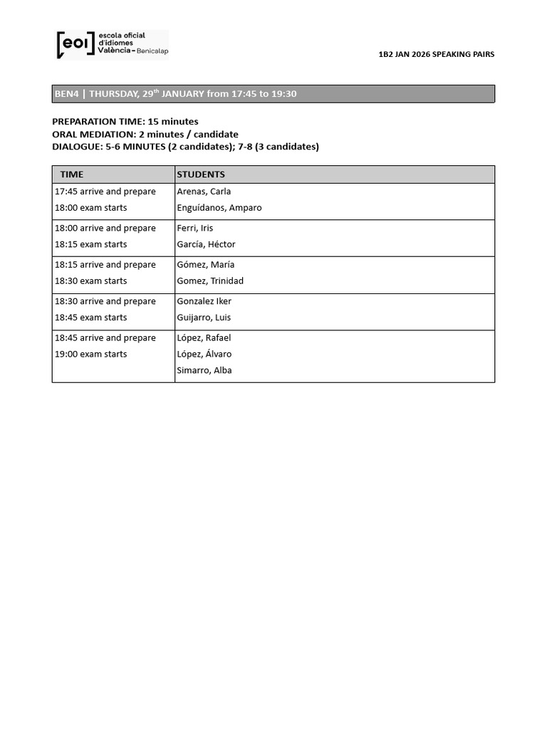 1b2 Speaking Exam Times and Dates-2-3 | PDF